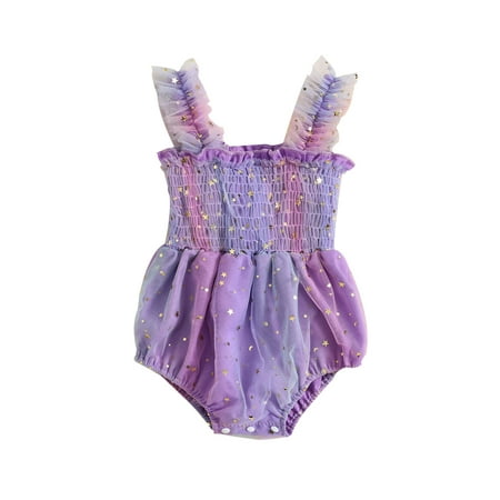 

Baby Girls Casual Sleeveless Romper Stars Print Ruched Playsuit Colorful Tulle Princess Clothes