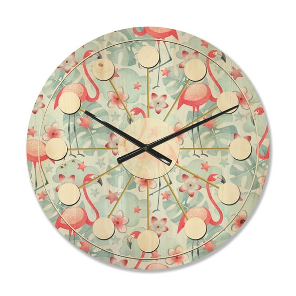 Designart 'Tropical Botanicals, Flamingo and Flowers III' Mid-Century Modern Wood Wall Clock