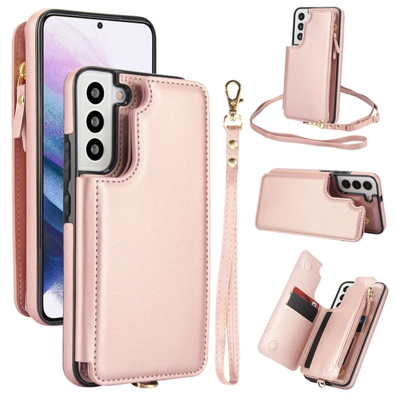 for Samsung Galaxy S21 FE Crossbody Wallet Phone Case with Card Holder&Zipper, Back Flip Folio PU Leather Kickstand Card Slots Double Magnetic Clasp Shockproof Case for Women Girls,Rosegold