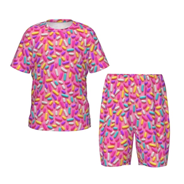 Fotbe Colorful Donuts 1 Pijama Estampada de 2 Piezas para Niños – Ropa de Dormir de Manga Corta Cómoda para Niños y Niñas, Camiseta y Shorts de Algodón-4X-Large