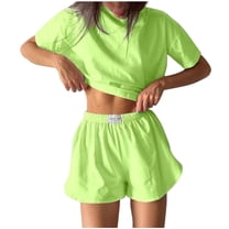 Summer Fashion Plus Size Two Piece Sets for Women Going Out Trendy Clothes 2025 Round Neck T-shirt Top Shorts Solid Color Shirt Suit Up to 65% off!
