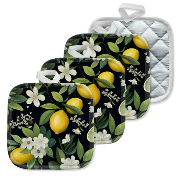 4 Pack Pot Holders,Kitchen Essential, Potholder Set,Lemon, Leaf And Flower Pattern On Black With Extra Elements