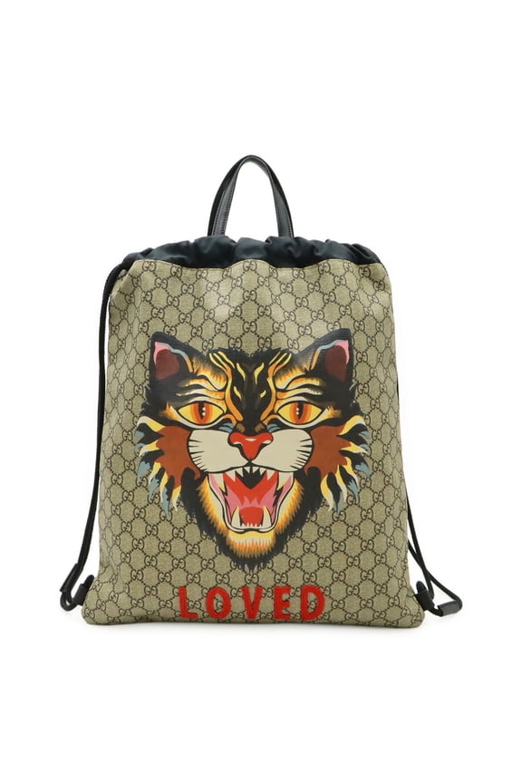Pre-Owned GUCCI GG Supreme Angry Cat LOVED Drawstring Backpack in PVC, Beige and Dark... (Good)