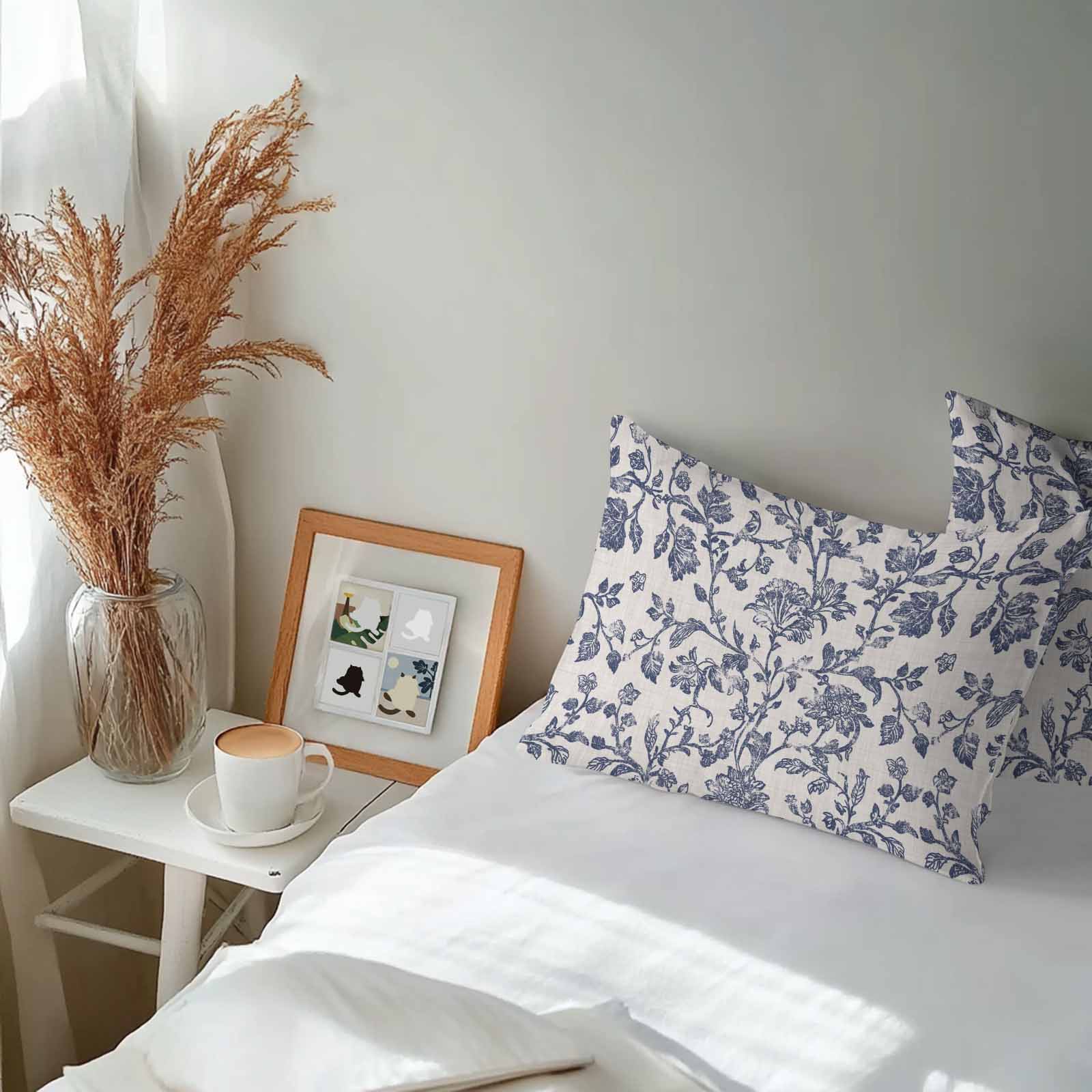 Blue Floral Leaf Waterproof Outdoor Throw Pillow Covers 12''x20'' Pack 2, Pillow Cases Throw Cushion Cover with Zipper, Retro Farmhouse Plant Tree Branch Washable Pillowcase for Poolside Sofa