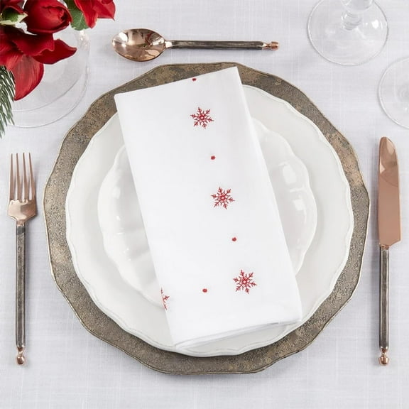 Fennco Styles Red Embroidered Snowflake Christmas Cloth Napkins 20" W x 20" L, Set of 4 - White Cotton Dinner Napkins for Winter Holidays, Home Décor and Family Gatherings …