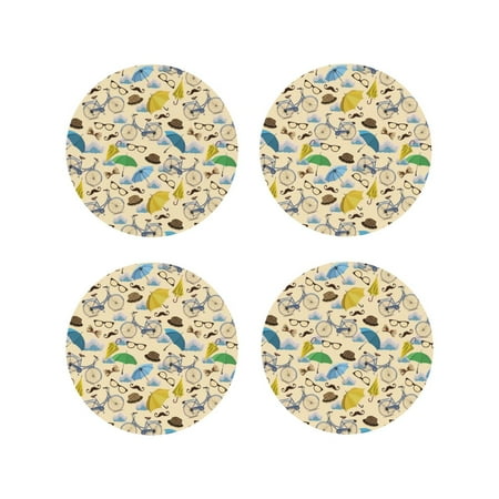 

Coasters Set of 4 - Bike Pattern umbrella Drink Coasters for Tabletop Protection Leather Coasters for Living Room Decor and Housewarming Gift Round Shape