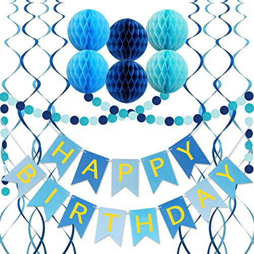 Circle Garland and Happy Birthday Banners Blue Birthday Decorations with Paper Honeycomb Balls 