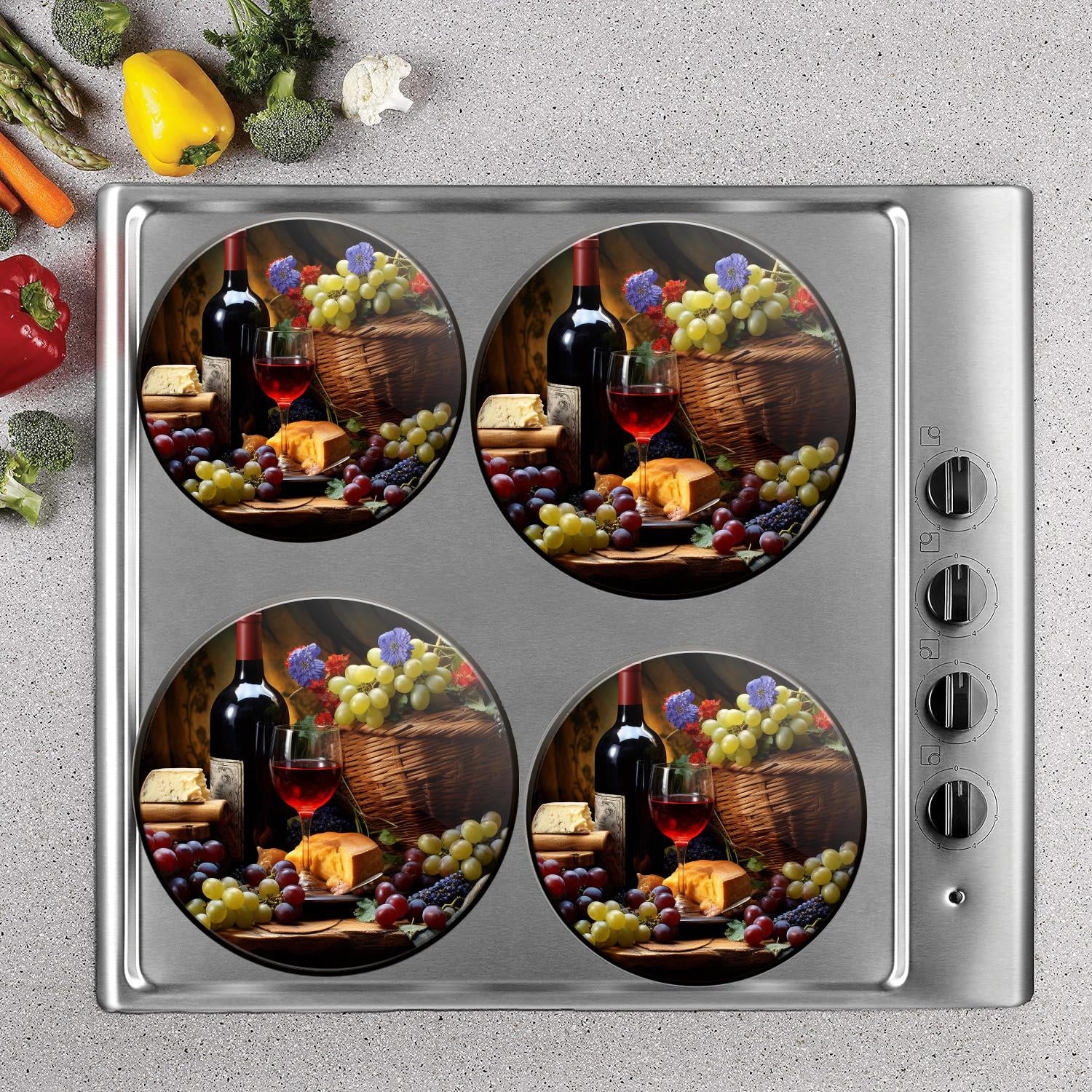 Bahomeck Gas Stove Burner Cover Set Of 4，Red Wine & Fruit Grapes And Apples Metal Stove Burner Covers，Electric Stove Burner Covers,Protecting Gas Stoves,Kitchen Decor，8 Inches And 98 Inches