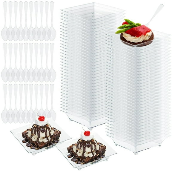 HYG 50 Sets Mini Dessert Plates With Tasting Spoons,Disposable Plastic Tray,Square Clear Plastic Dessert Cups,Reusable Party Serving Dishes for Appetizers,Desserts,Pudding,Salad