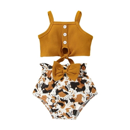 

Toddler Girls Outfit Sleeveless Ribbed Vest Tops And Bowknot Leopard Prints Shorts Outfits