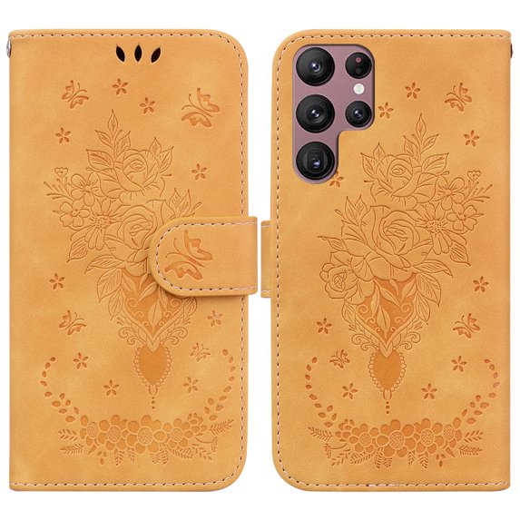 SaniMore for Samsung Galaxy S23 Ultra Case Flower Embossed Design, Card Wallet Cover for Women Girls with Card Holder Kickstand Wrist Strap PU Leather All-Round Shock Protection Shell, Yellow