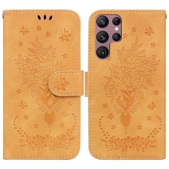 SaniMore for Samsung Galaxy S23 Ultra Case Flower Embossed Design, Card Wallet Cover for Women Girls with Card Holder Kickstand Wrist Strap PU Leather All-Round Shock Protection Shell, Yellow
