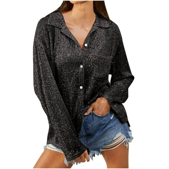 Womens Lightweight Jackets Sevevn Women's Fashion Sequin Long-Sleeved Lapel Shirt Casual Shirt
