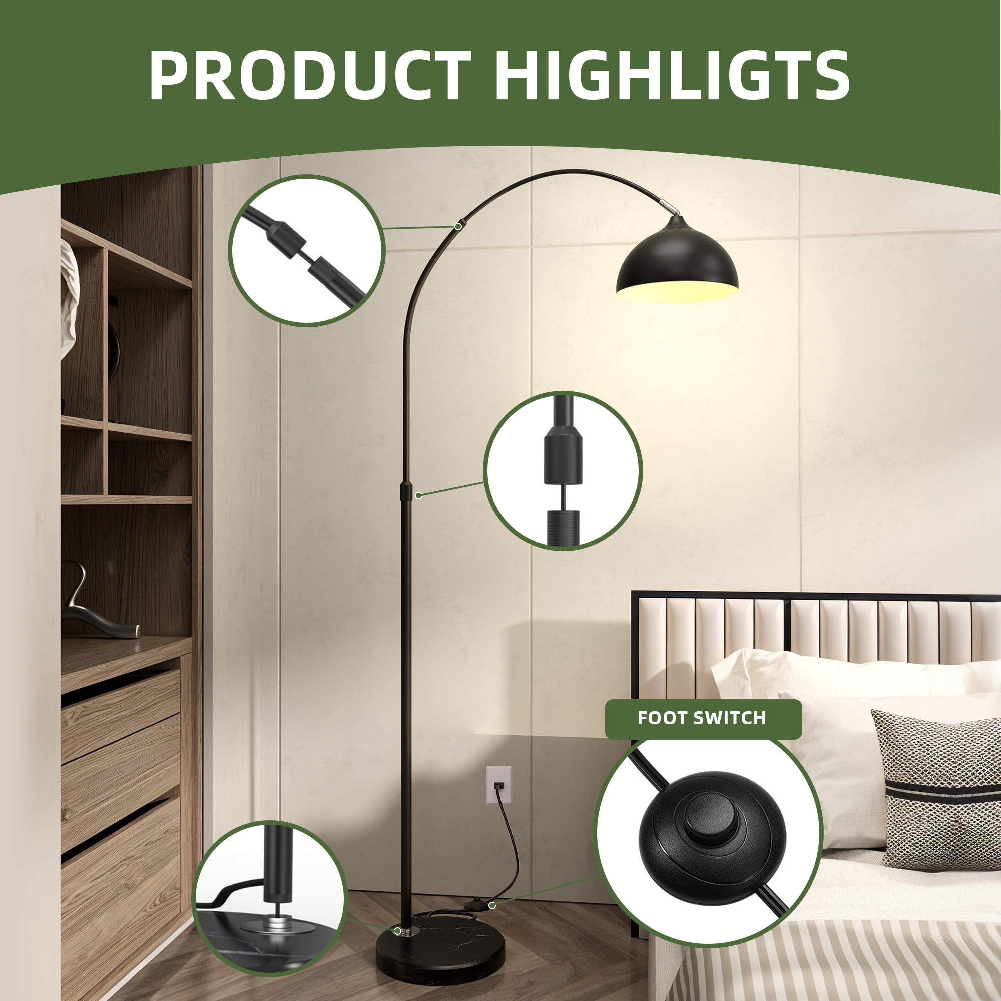 Uforic Black Marble Floor Lamp with Adjustable Height & Compatible E26 Bulbs, Foot Switch, 100W Max
