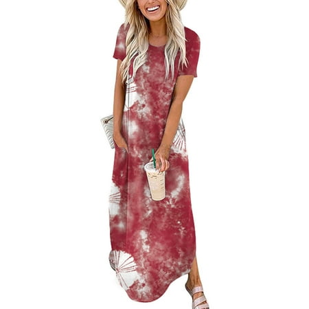 

jsaierl Womens Summer Dress 2023 Print Beach Dress Short Sleeve A Line Dress Crew Neck Plus Size Dress for Beach Vacation