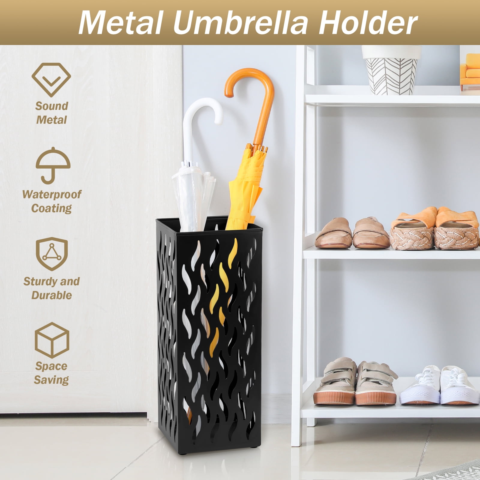 Wekvgz Metal Umbrella Indoor Holder Entryway Hollowed Square Decorative Umbrella Racks and Stands Freestanding Storage Organizer (6.5*6.5*16.5in)