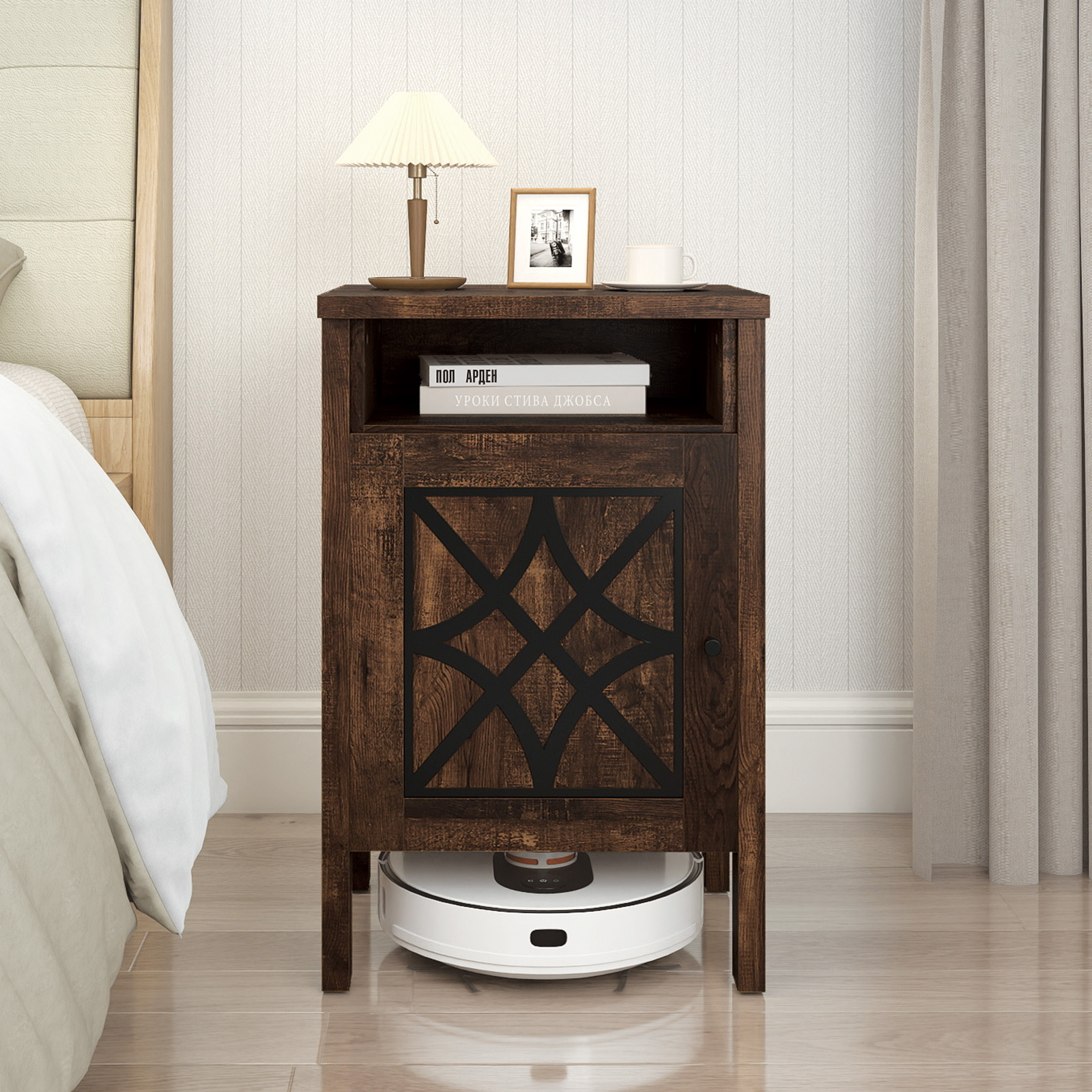 Gymax Robot Vacuum Stand Cabinet w/ Door & Open Shelf for Home Office Living Room Dark Brown