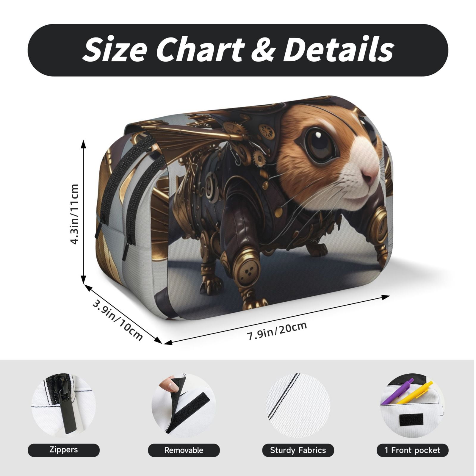 Rateoe Steampunk Squirrel Pilot Pattern Double Clamshell Pen Case, Storage Organizer with Two Zipper Compartments– Holds Up to 50 Pencils & Pens