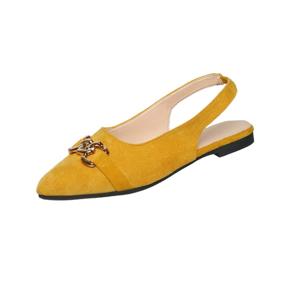 Yellow Womens Slingback Flats Pointed Toe Elastic Back Strap Flock Upper Gold Chain Accent Padded Insole Casual Spring Summer Shoes Size 9.5