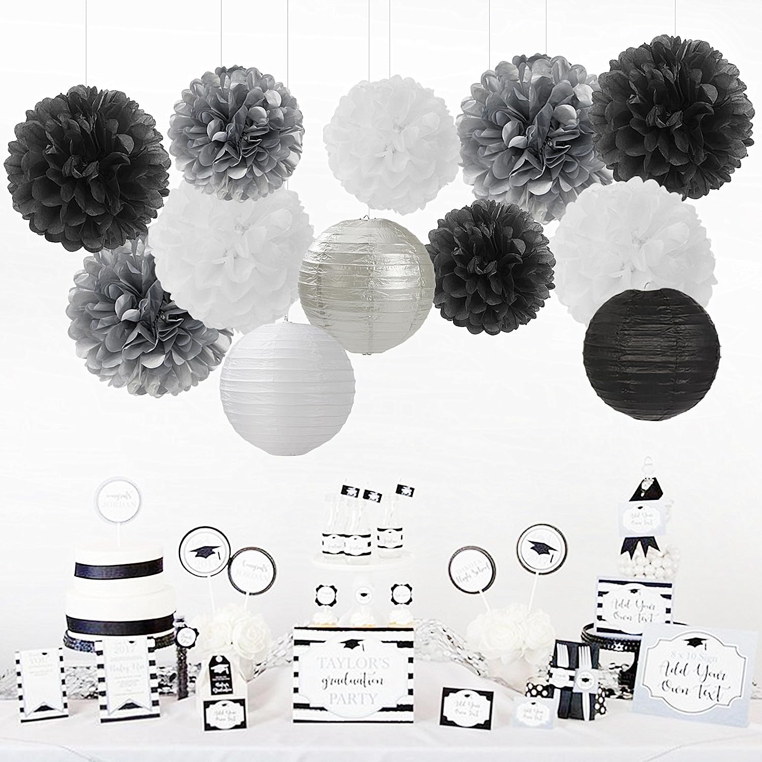 Black White Silver Party Decorations Paper Flowers Lanterns 15PCS Tissue Pom Poms Streamers for Birthday Halloween Wedding Baby Shower Bachelorette Hanging Supplies Decor