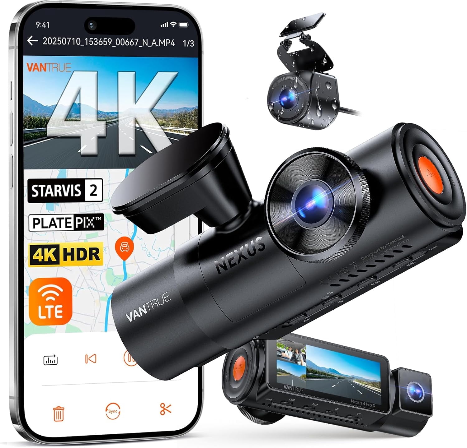 Vantrue Nexus 4 Pro 3-Channel 4K Dash Cam, WiFi, Night Vision
