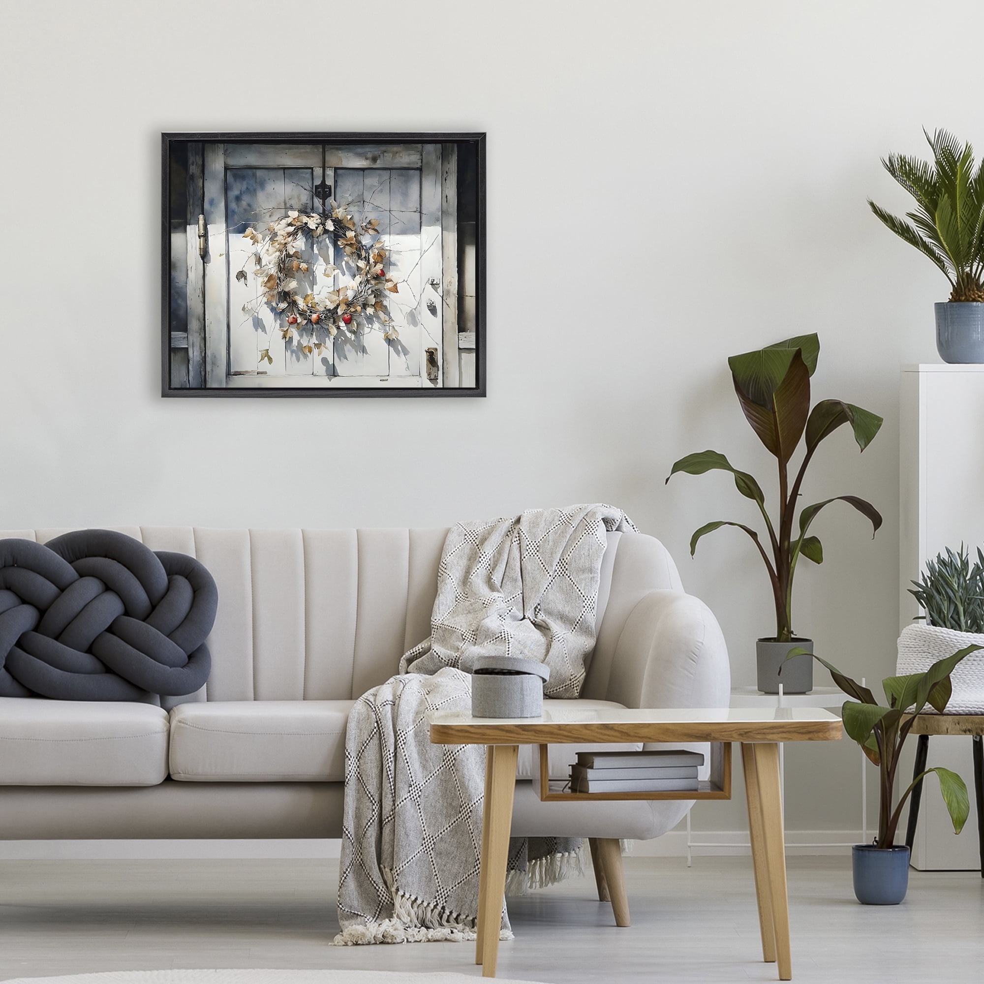 Stupell Industries Rustic Wreath on White Door Black Framed Floater Canvas Wall Art, design by Franklyn Gregory
