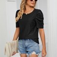 thumbnail image 3 of Blusa de manga corta para mujer, cuello redondo, manga plisada, patrón liso, elegante, versátil, camisa informal de verano, negro, XL, 3 of 8
