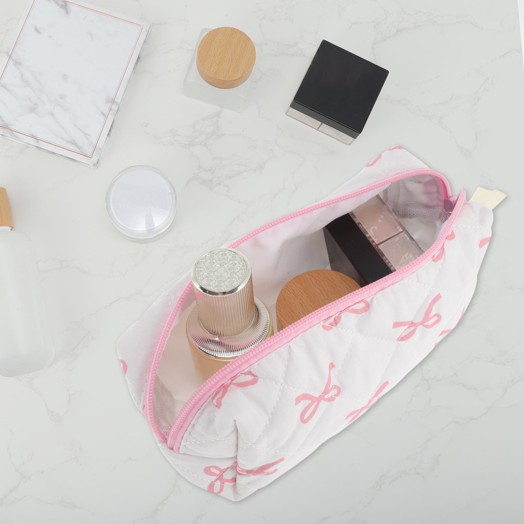 Unique Bargains 1 Pc Bow Pattern Makeup Bag for Travel with Zipper White, Pink