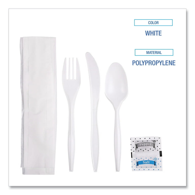 Cutlery Kit, Plastic Fork/Spoon/Knife/Salt/Polypropylene/Napkin, White, 250/Carton Cutlery Kit, Plastic Fork/Spoon/Knife/Salt/Polypropylene/Napkin, White, 250/Carton