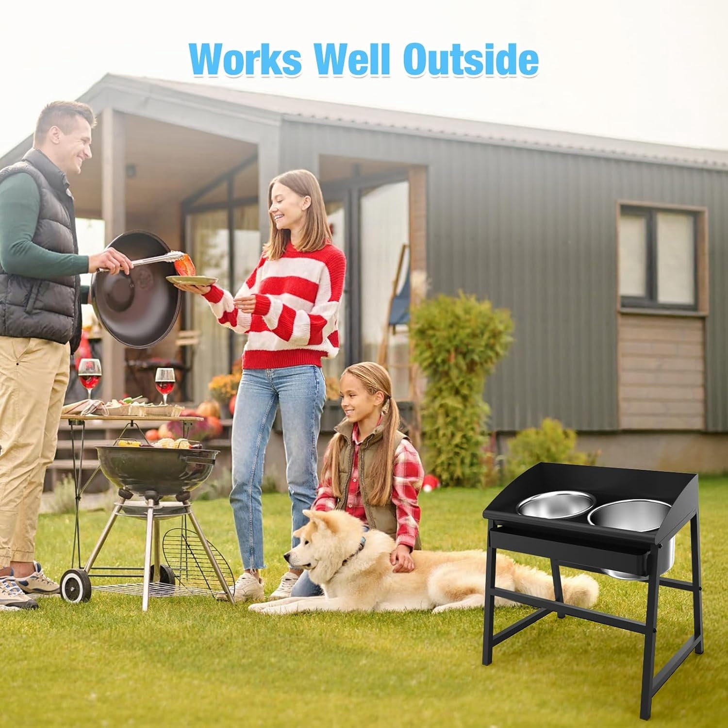 Elevated Dog Bowls for Large Dogs, 15 Inch Raised Stand with Stainless Steel Bowls, Spill Resistant Design, Easy to Clean, Great for Indoor Outdoor Feeding, Improves Posture