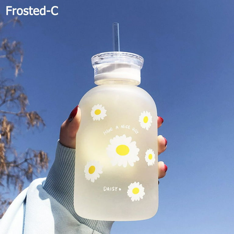 Cute Flower Daisy Straw with Scale Water Bottle Drinking Bottles Glass  Bottle Milk Juice Cup FROSTED C 