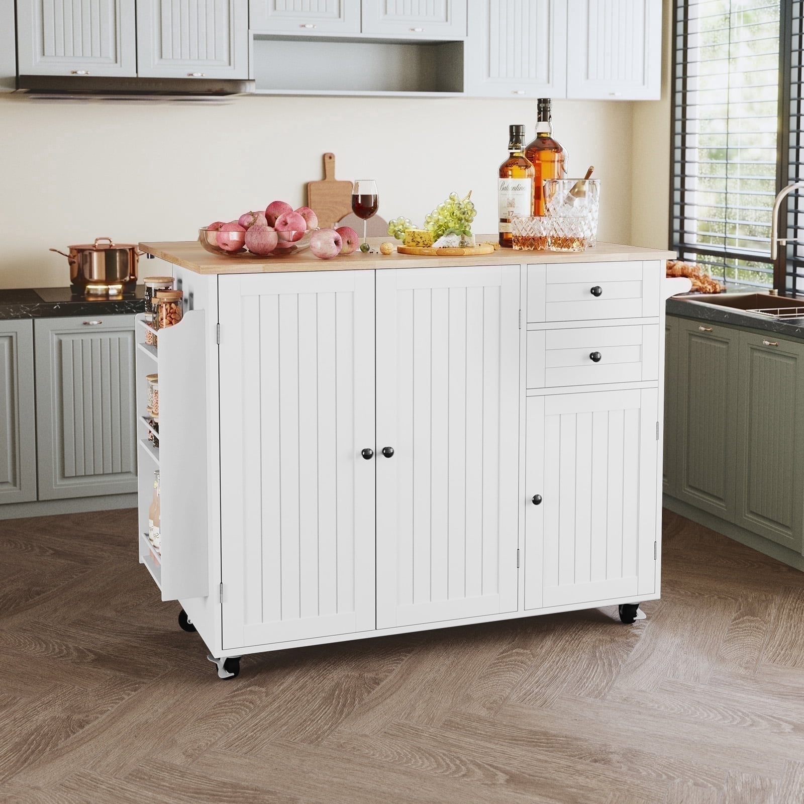 CBJCBJ 50.4" Kitchen Island with Storage, Wood Top Cart with Drop Leaf and Wheels, White