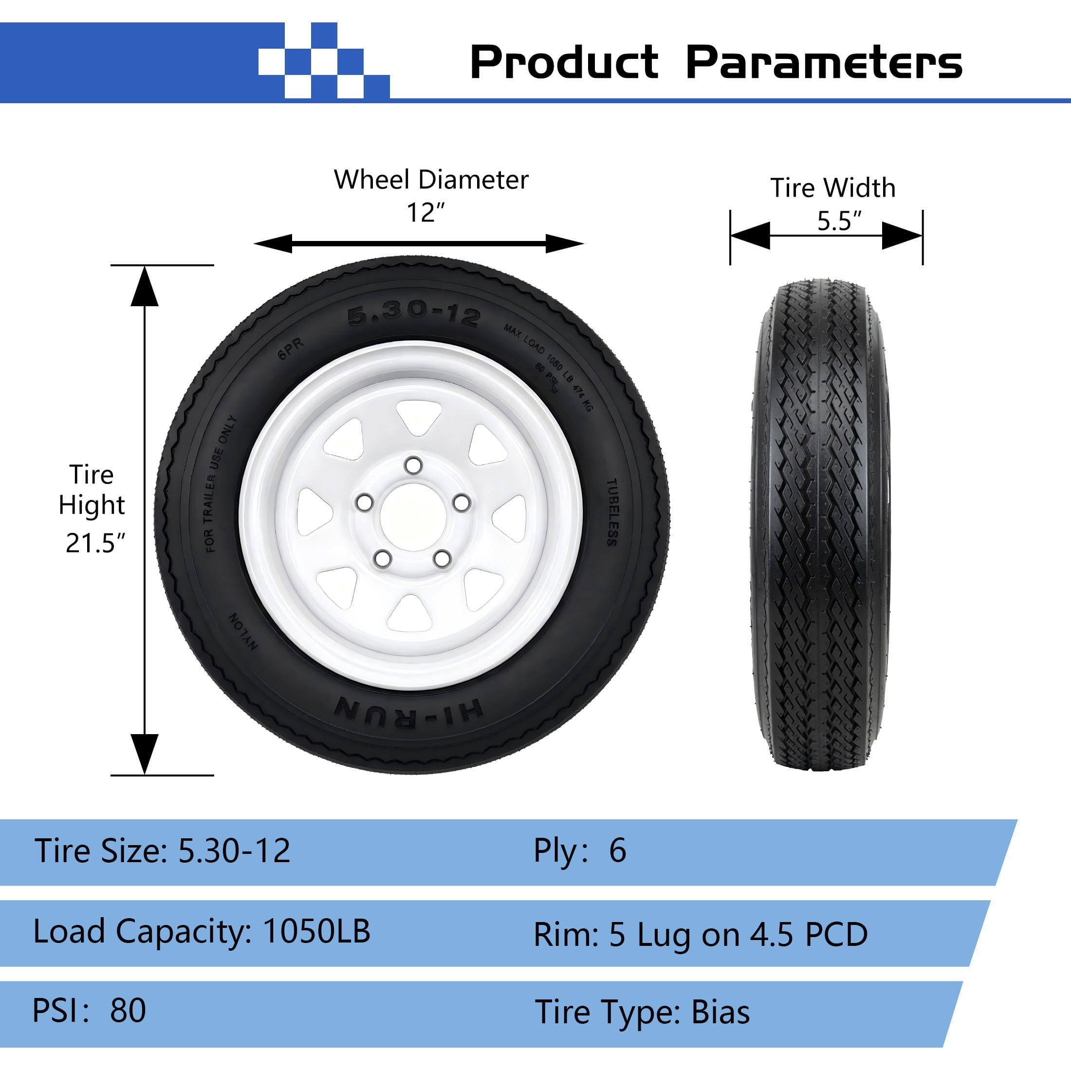Hi-Run 2 Set SU02 5.30-12 6PR Boat Trailer Tire and 5-Lug White 8 Spoke Wheel Assembly