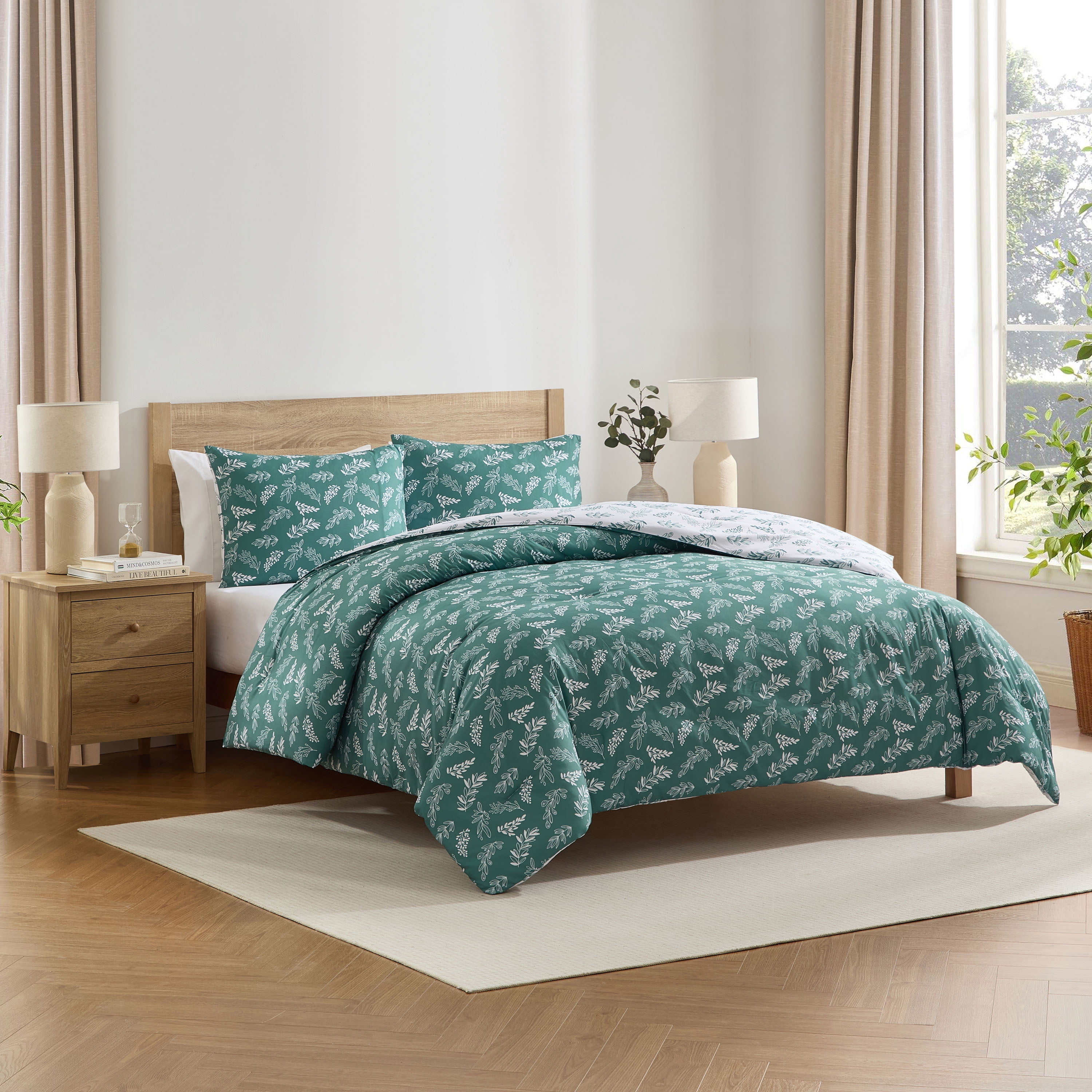 LammaLoe Full Size Comforter Sets, 3 Piece Botanical Bed in a Bag, Reversible Bedding Comforter Set with Sheets, Modern Bed Set, Gentle Pine/Cloud Stone