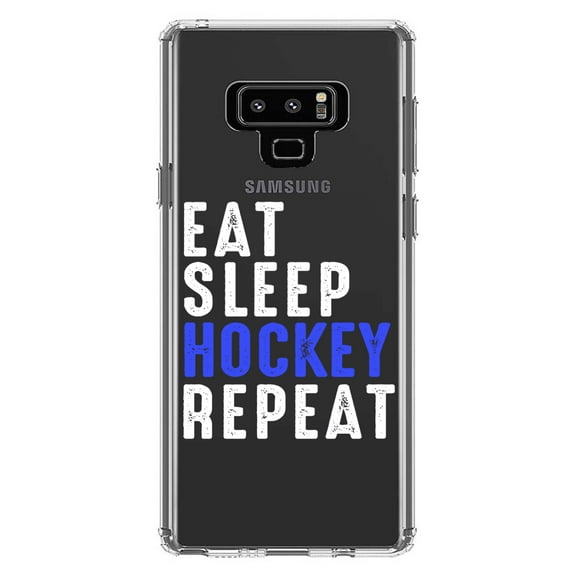 DistinctInk Clear Shockproof Hybrid Case for Samsung Galaxy Note 9 - TPU Bumper Acrylic Back Tempered Glass Screen Protector - Eat Sleep Hockey Repeat