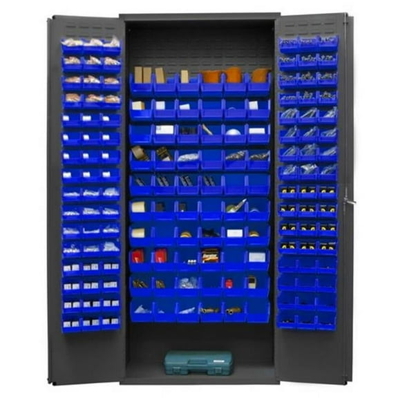 14 Gauge Flush Door Style Lockable Cabinet with 156 Blue Hook on Bins, Gray - 36 in.