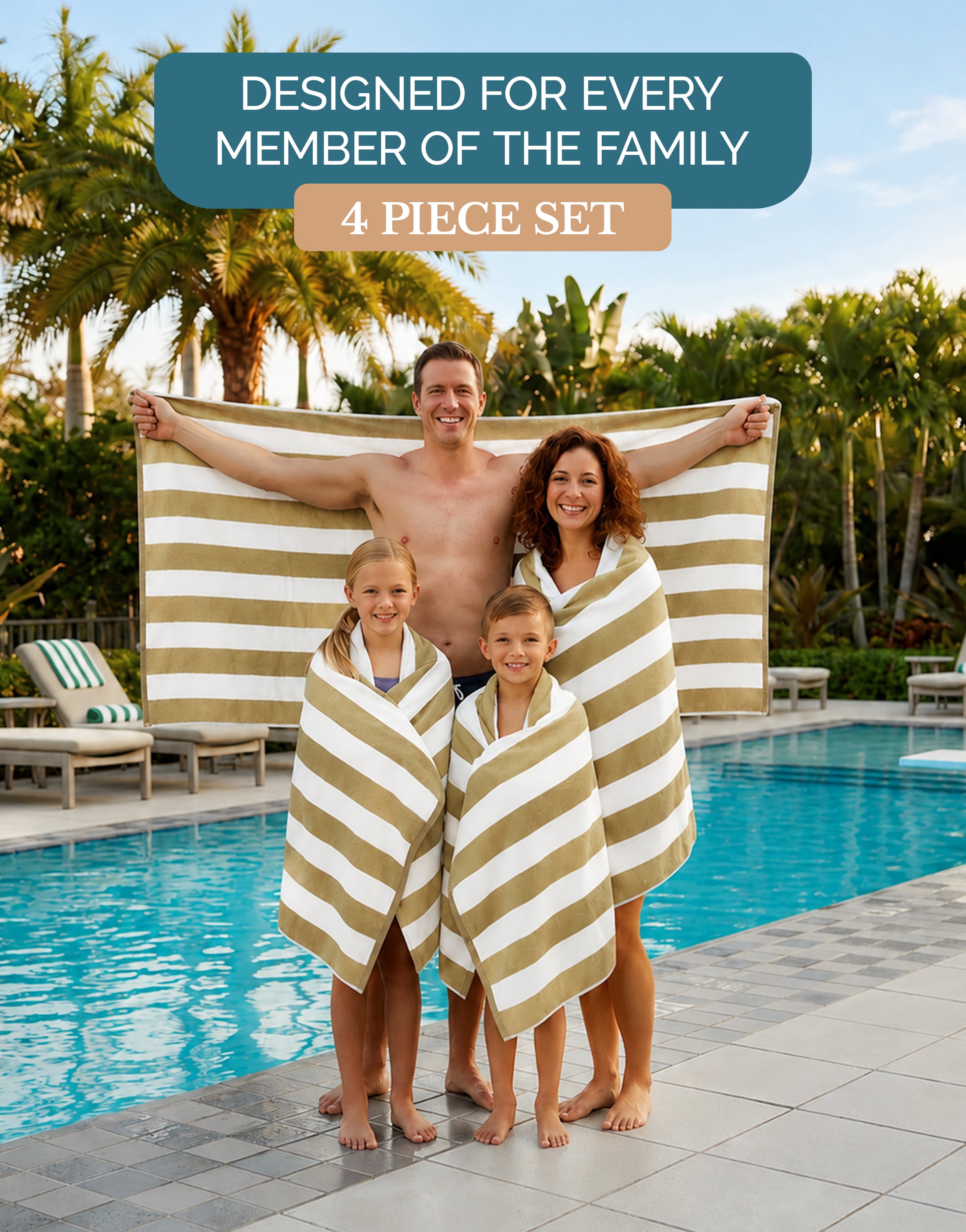 Casa Platino Turkish Beach Towel Set of 4 - 100% Cotton Cabana Striped Beach Towels For Adults (30" x 60”), Lightweight Quick Dry for Swimming, Travel and Outdoor Use - Biege