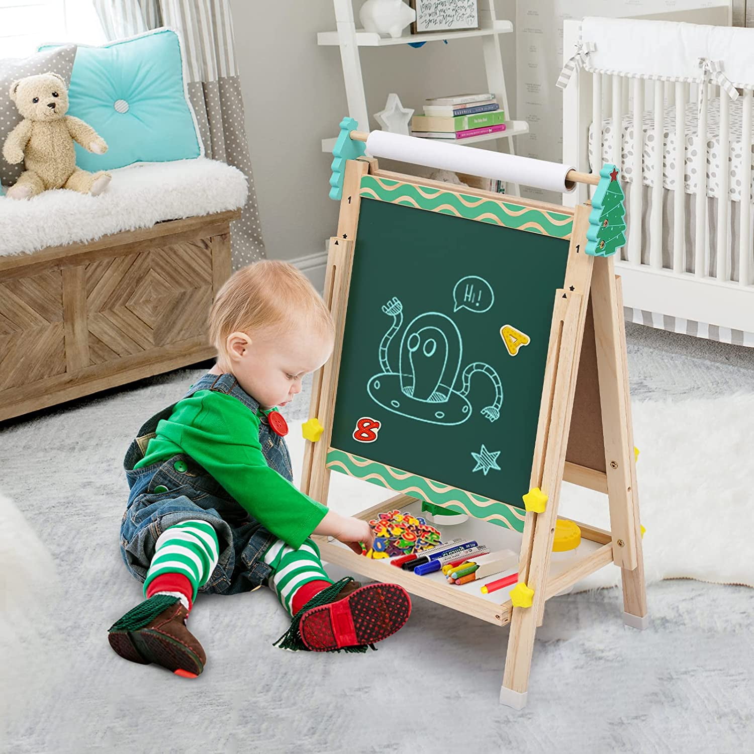 Dripex Art Easel for Kids - Double Sided Toddler Wooden Easel with Dry  Erase Board&Chalkboard, Paper Roll, Letters&Numbers - Adjustable Children  Painting Easel …