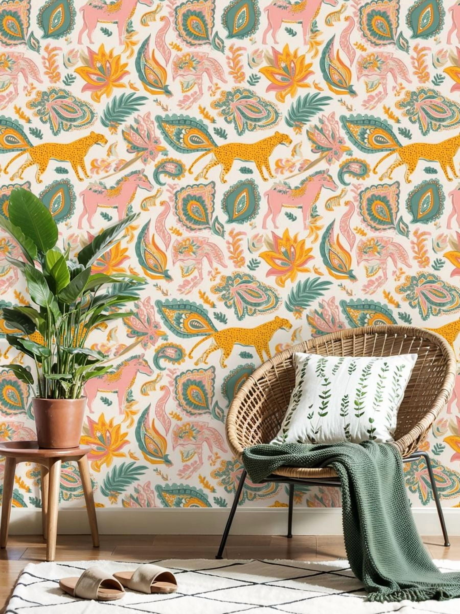 Paisley Peel and Stick Wallpaper 17.7in x 9.8ft Colorful Floral Animal Leopard Horse Illustrations Contact Paper Vinyl Waterproof Self Adhesive Wall Paper for Bedroom Shelf Cabinet Renter Friendly