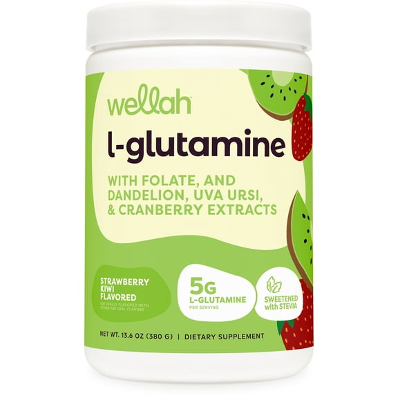 Wellah L-Glutamine Strawberry Kiwi Powder (50 Servings) - 5g L-Glutamine Per Serving, Sweetened with Stevia