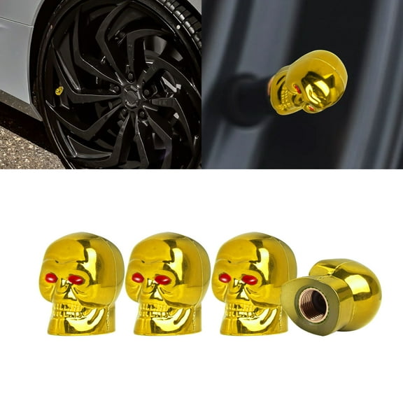 Xotic Tech Skull Tire Valve Stem Caps 4 Pack ABS Tire Valve Cap Set, Corrosion Resistant Air Leakproof Universal Stem Covers for Cars Trucks Motorcycles SUVs and Bikes (Gold)