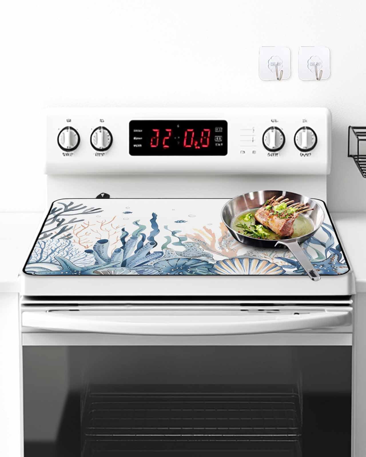 Stove Top Covers for Electric Stove, Summer Coastal Coral Glass Stovetop Cover Protector, Blue Ocean Conch Shell Blue Induction Cooktop Protector Oven Mat for Kitchen Countertop 24"x21"