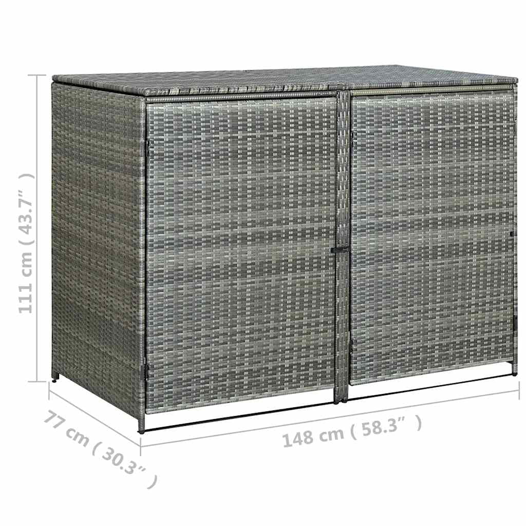 vidaXL Double Wheelie Bin Shed with Lid, Weather-Resistant, Poly Rattan 30.3"x58.3"x43.7" Gray