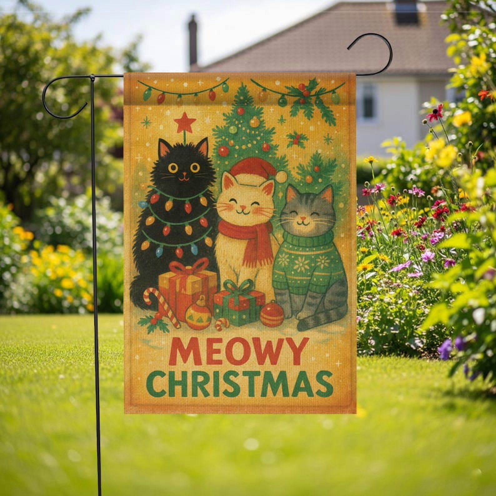 TiniDecor Meowy Christmas Garden Flag – 28”x40” Cute Cat Design, Holiday Outdoor Yard Décor