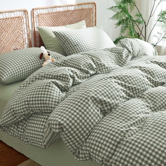 JOLUSERE 100% Cotton Gingham Duvet Cover Queen Set, 3-Piece Linen Like Textured Breathable Soft Bedding Cover ( Green Gingham)