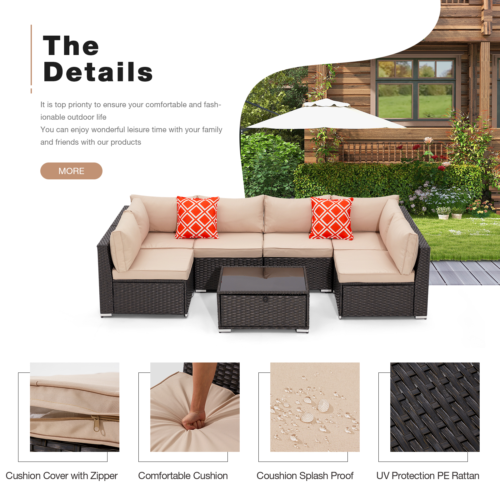 HUGIEE 7 Pieces Patio Furniture Wicker Sofa Outdoor Sectional Sets with 44-Inch 50,000 BTU Gas Fire Pit Table Auto-Ignition Propane Fire Pit Table, Khaki