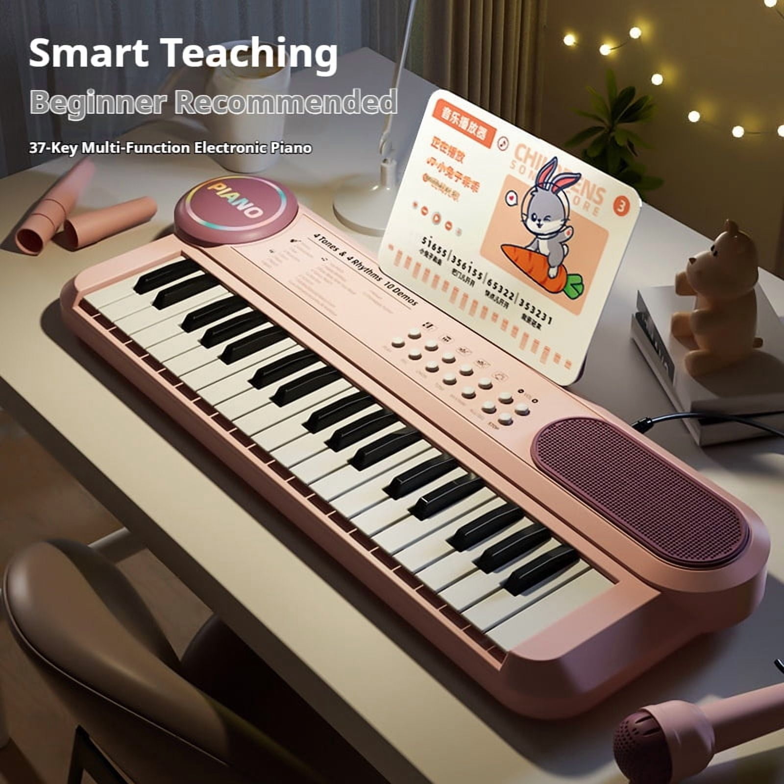 Funtogether Toys Kids Piano Keyboard, 37-Key Portable Electronic Musical Instrument with Microphone & Music Stand, Educational Toy for Beginners with Record & Play Function