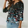 thumbnail image 4 of Teissuly Women's Casual Round Neck Button Cotton Linen Printed Three Quarter Sleeve Top, 4 of 5