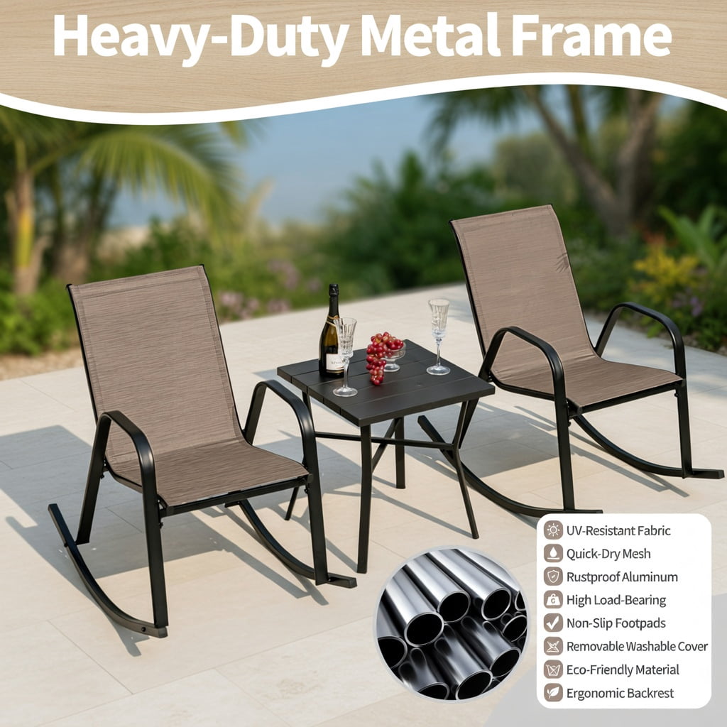 Hommoo 2-Pack Heavy-Duty Metal Rocking Chairs for Patio, Rust-Resistant Steel Frame, Breathable Fabric Seat, Indoor & Outdoor Use, Brown