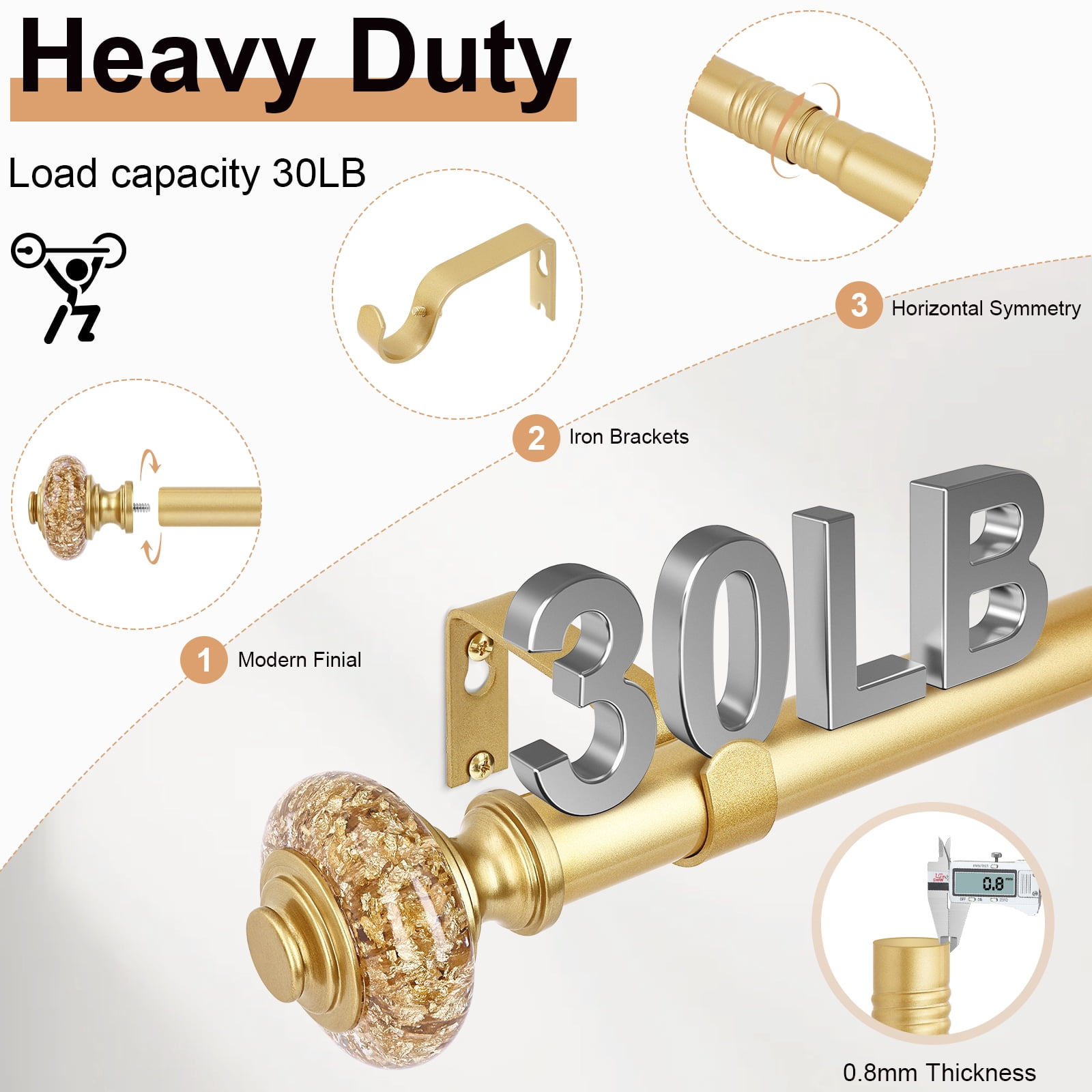 OLV Curtain Rods 30-60" Heavy Duty with Vintage Foil Crystal Finials,Gold